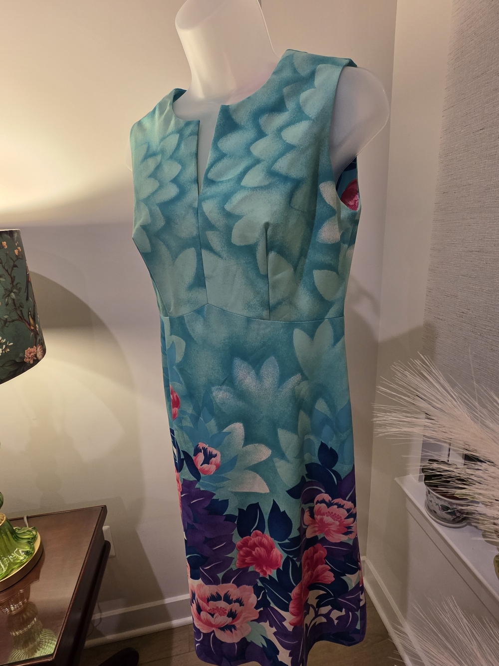 VTG Hawaiian Sleeveless Aqua Floral Sheath Dress Size L - Picture 15 of 16